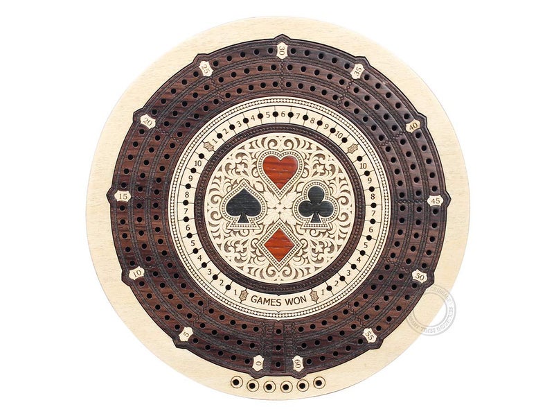 House of Cribbage - Round Shape 3 Track Non-Continuous Cribbage Board - Push Drawer Storage for Pegs and 1 Deck of Cards with Score Marking Fields for Won Games (Maple Wood/Rosewood) - Image 3